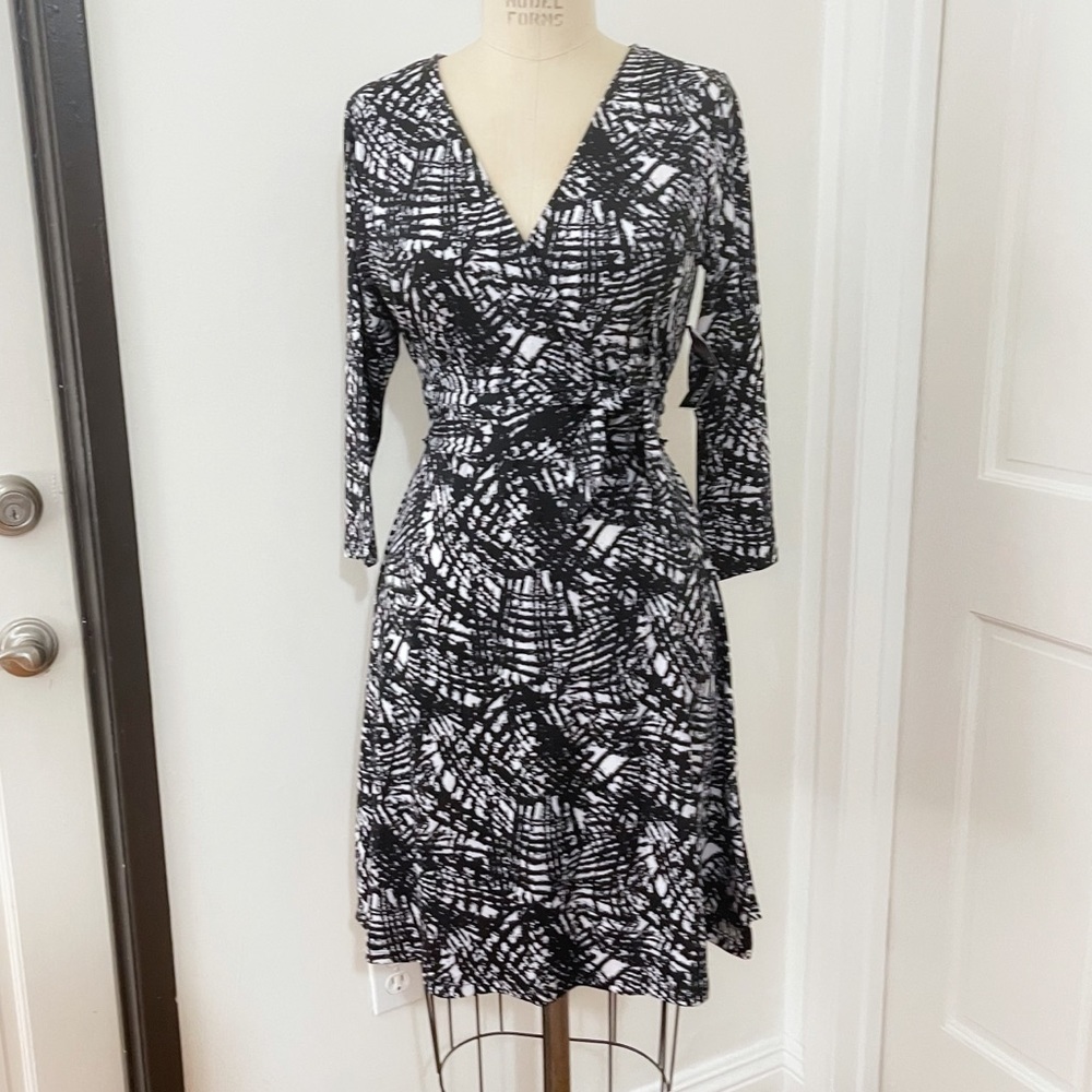 George Black and White Print A line Surplice Dress